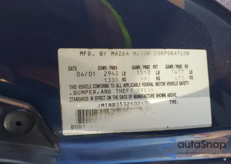 2001 Mazda Mx-5 Miata Ls/Special Edition z USA, uszkodzony, nr VIN JM1NB353210217412